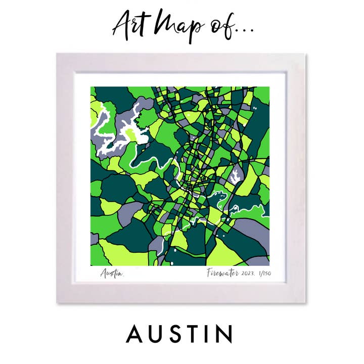 AUSTIN, TEXAS ART MAP - HANDRITAD & BEGRÄNSAD UPPLAGA för wholesale av Firewater Gallery