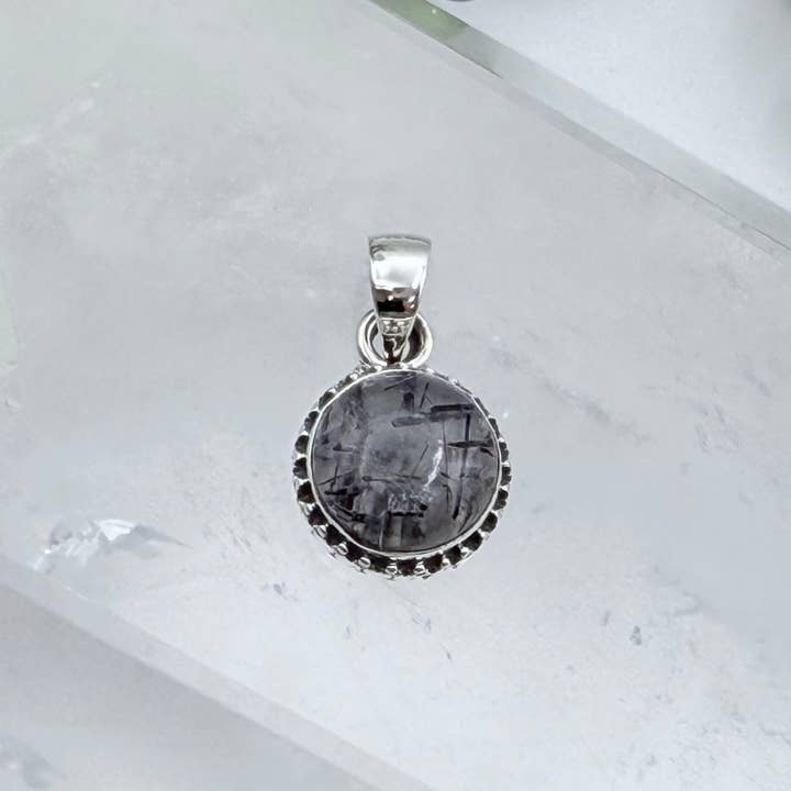 Black Rutile Round Cab-10mm Pendant Sterling Silver/925 for wholesale by Meraki Gemstones