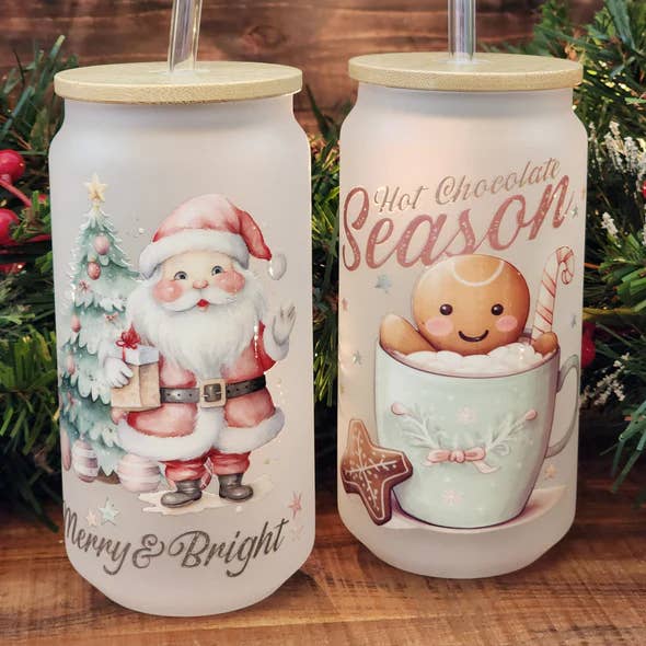 Kolor Wonder Crafts - Wholesale Insulated Mug/Tumbler - 16oz Merry and Bright Santa Glass Tumbler2