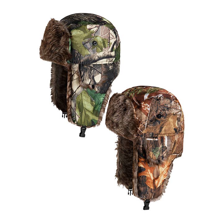 Cap Zone - Wholesale Trapper/Bomber Hat - Unisex - Hunt Camo Faux Fur Lined Bomber Trapper Hat