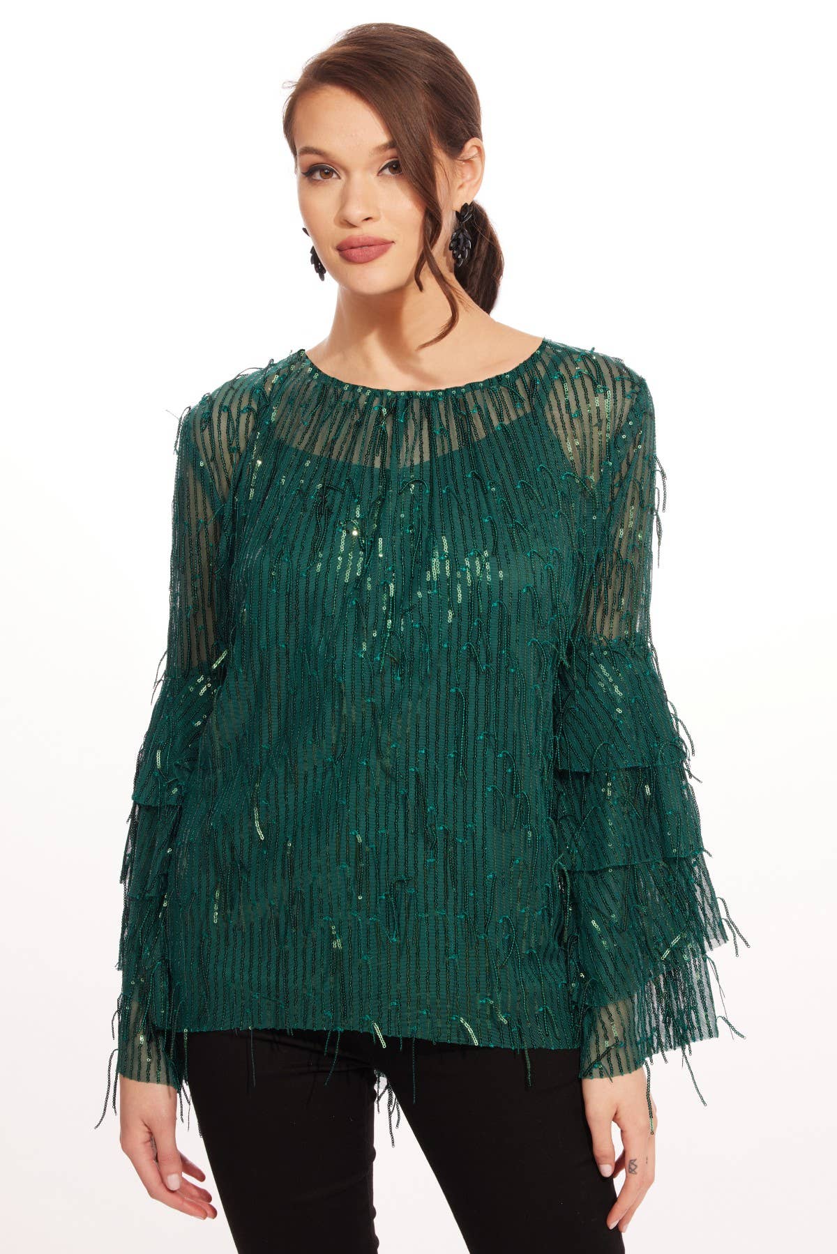 Eva Franco - Wholesale Blouse - Women's - Fall Long Sleeve Sequin Fringe Top – Glitter Pine7