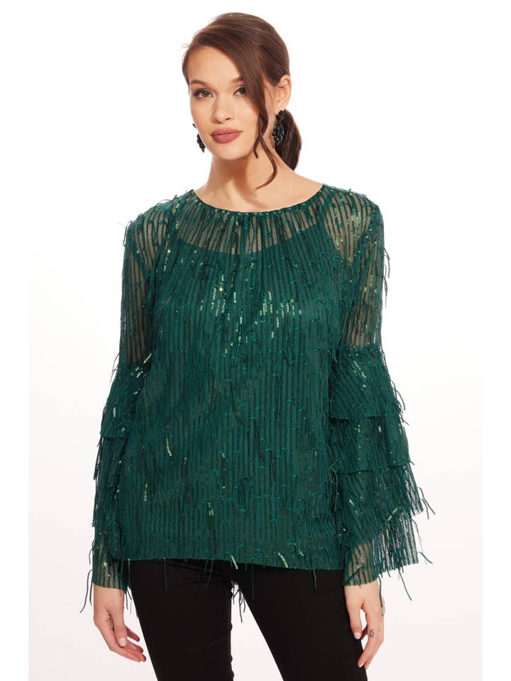 Eva Franco - Wholesale Blouse - Women's - Fall Long Sleeve Sequin Fringe Top – Glitter Pine7