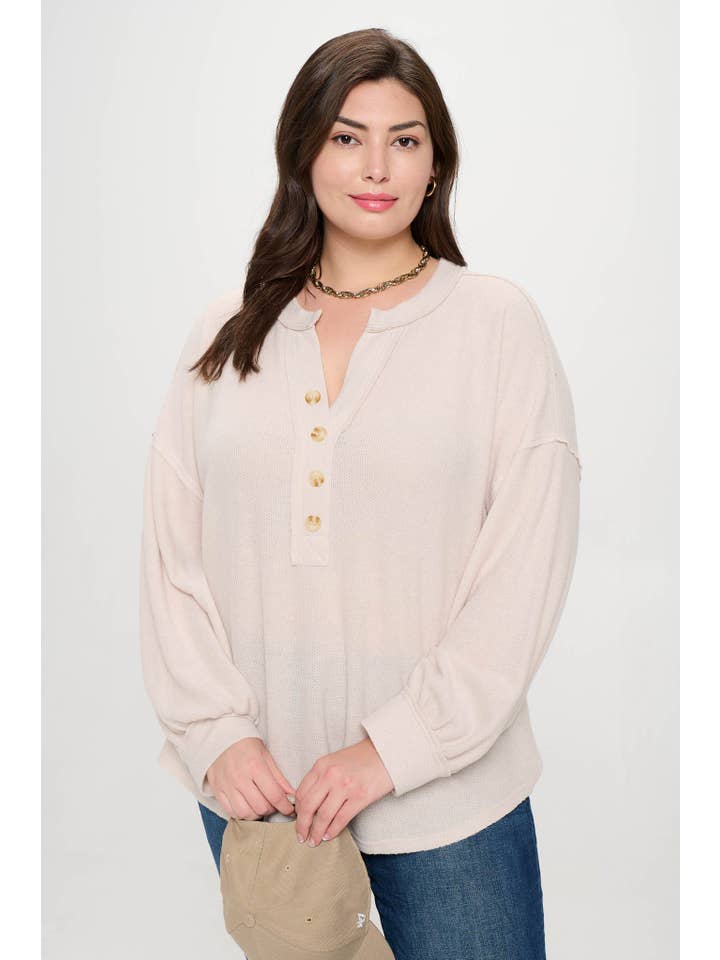 Blu Pepper - Wholesale Knit Top - Women's - PLUS V NECK HALF BUTTON LONG SLEEVE KNIT TOP