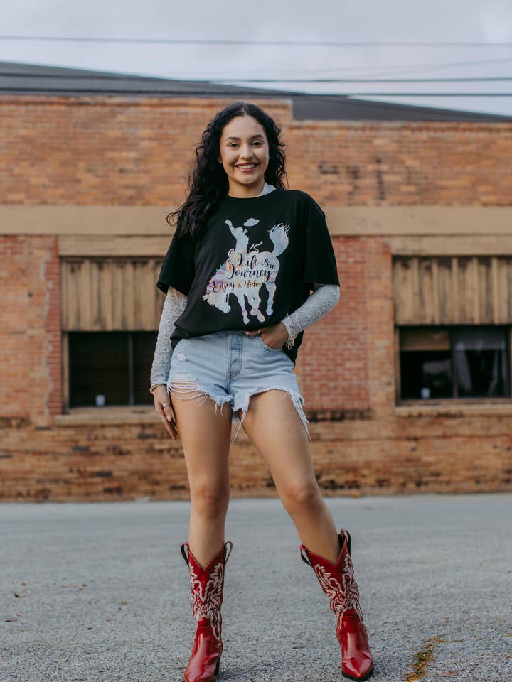 Black MK494 Enjoy the ride Gold Foil SL Tee for wholesale on Faire