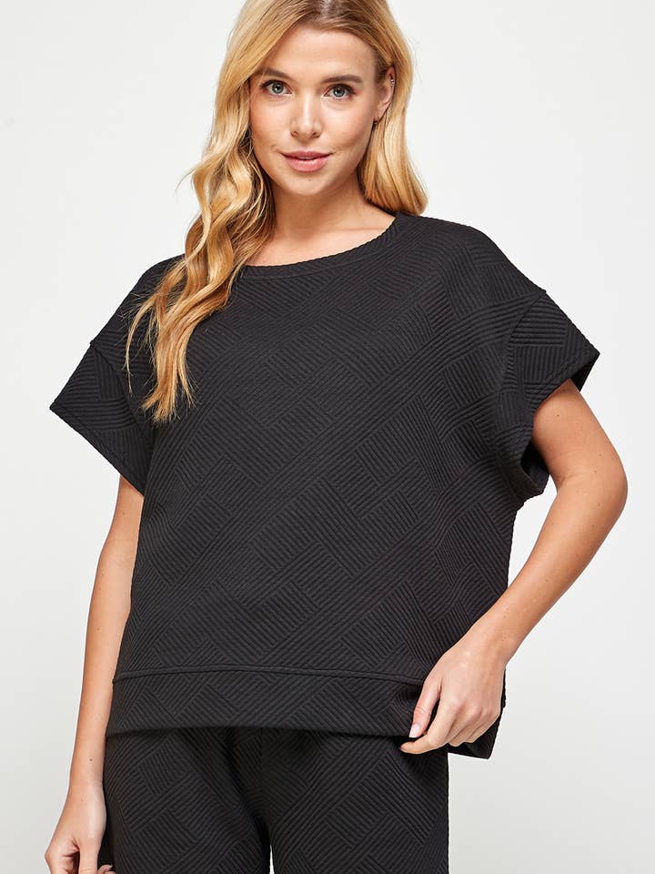 T3353 Textured Short Sleeve Sweatshirts Lounge Wear Top for wholesale by See and Be Seen