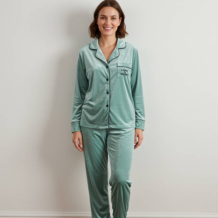 The Blissful - Wholesale Sleepwear set – Women's - Women’s Velvet Pjs Set Long Sleeve Button-Up Top & Full Pant2
