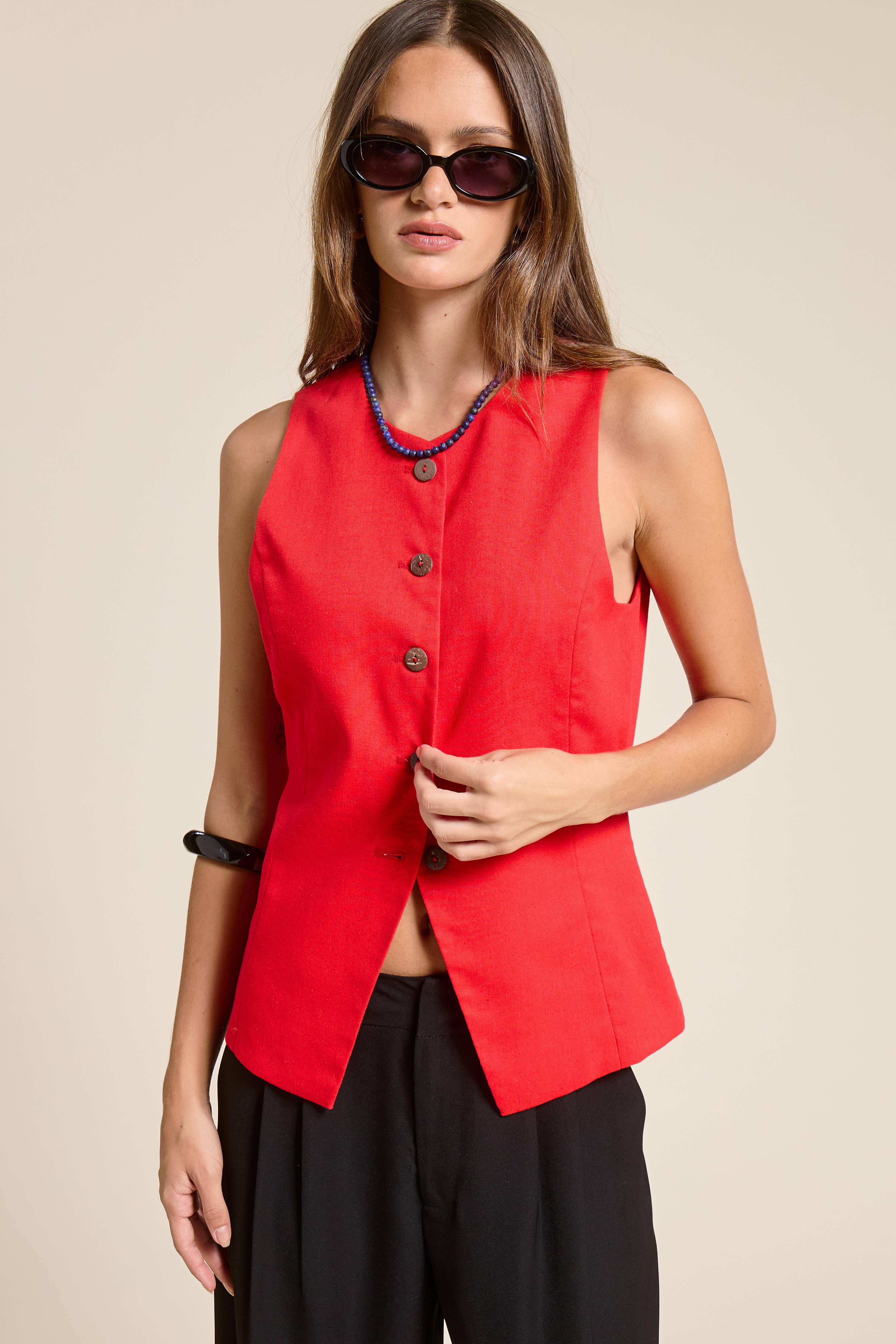 Mimosa - Wholesale Outerwear Vest - Women's - Button Down Sleeveless Round Neck Waistcoat Vest9