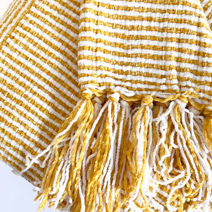 Fennco Styles - Wholesale Throw Blanket - Mustard Chenille Woven Striped 50"x60" Throw Blanket
