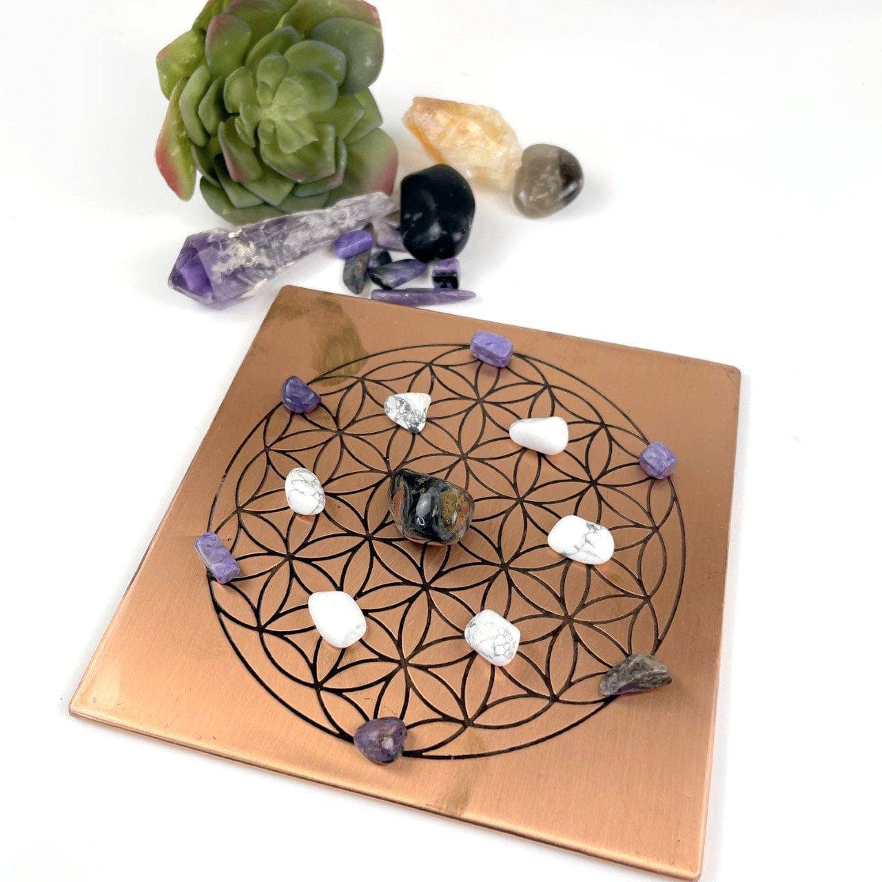 Rock Paradise – wholesale Decorative plate/dish/bowl – Crystal Copper Square Dish with Engraved Flower of Life Grid4