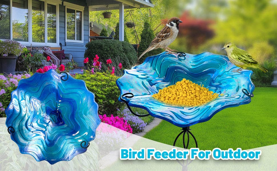Liffy - Wholesale Bird Bath - Blue Ripple Glass Bird Bath Feeder with Metal Stake6