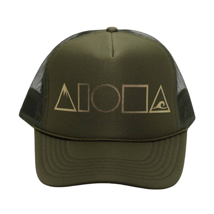 MAUKA TO MAKAI Army Green/Gold Adult Trucker for wholesale by Soley Aloha