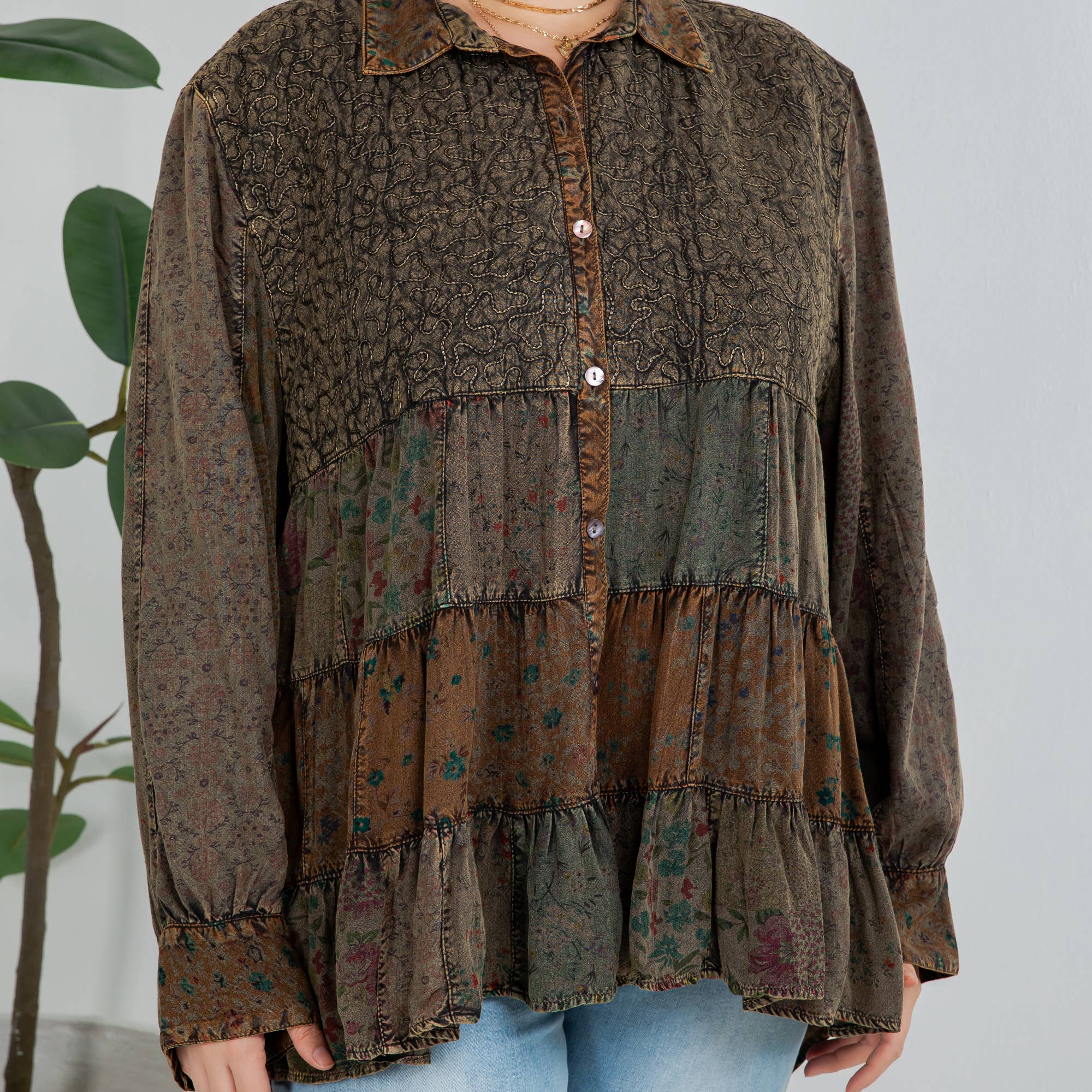 Amber Front-Open Boho Shirt with Quilted Emb & Rayon Tiers for wholesale on Faire12