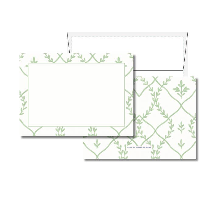 Grüne und cremefarbene Notizkarten mit Blumenmuster – Set aus 8 Stück, hergestellt in den USA für den Großhandel von Duncan Sister Designs