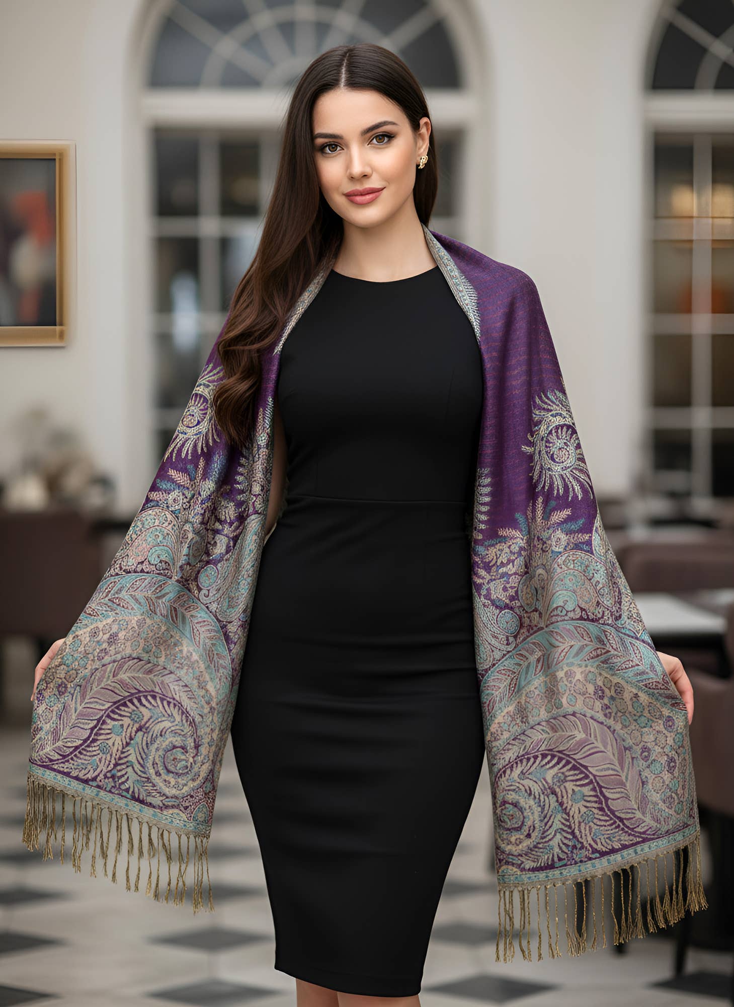 SERENITA – wholesale Halsduk - Dam – Stor paisley pashmina-sjal med tvåsidigt mönster och fransar5