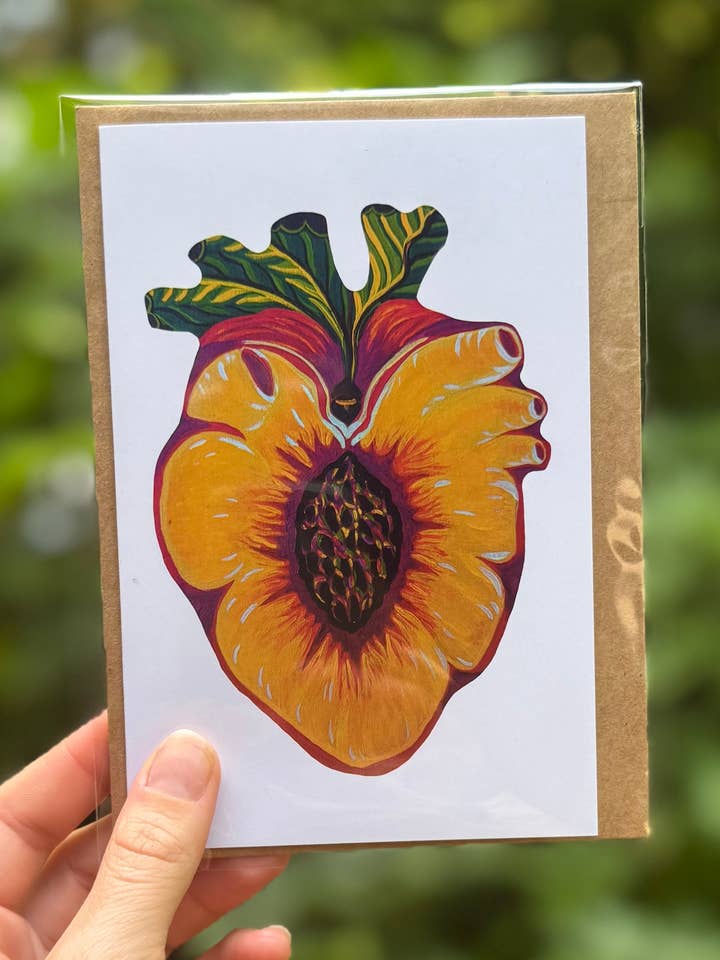 Nectarine Heart Card for wholesale by Meg Paints Hearts