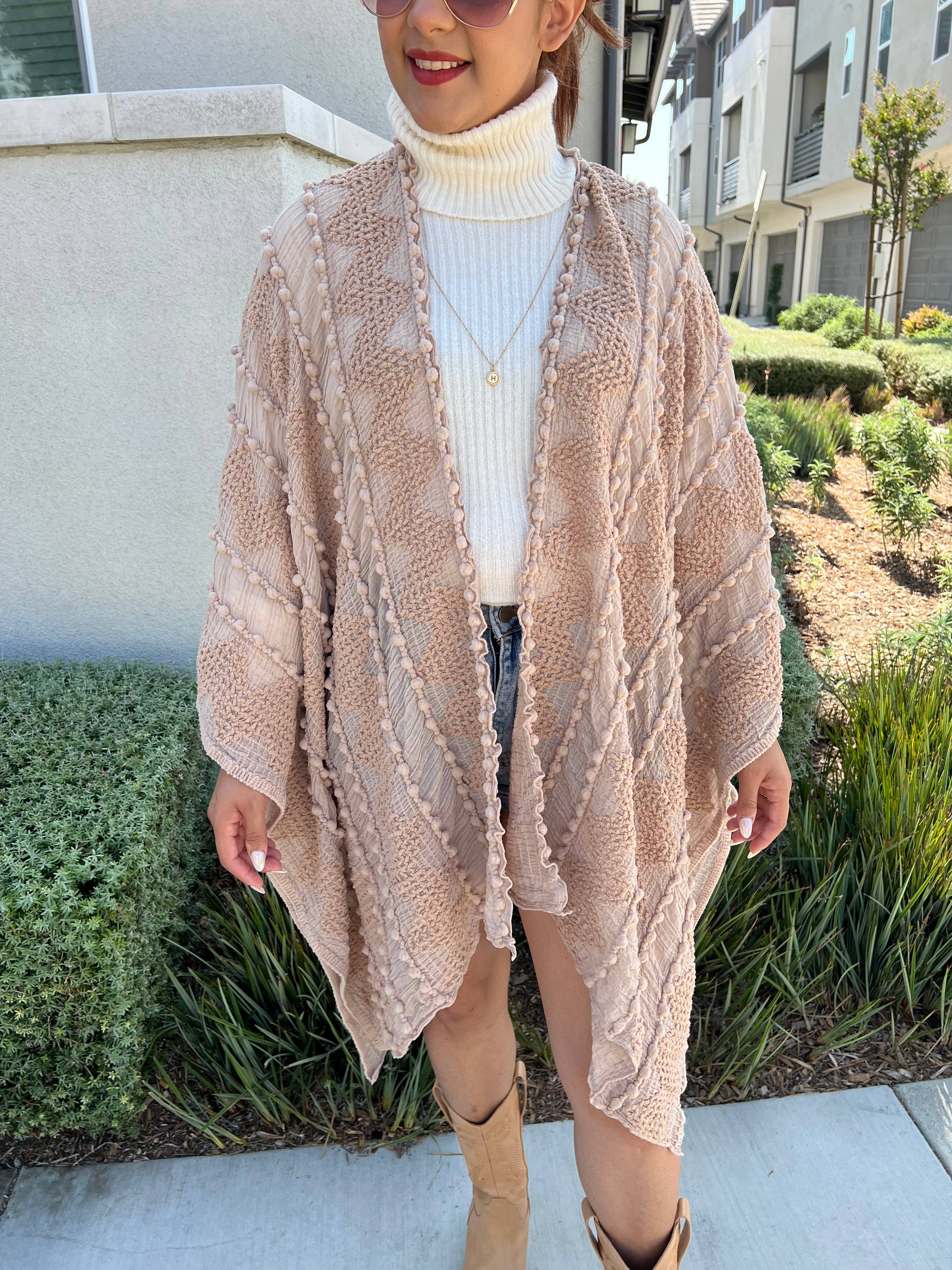 Justin & Taylor - Wholesale Kimono - Women's - Puffer-Up | Soft Textured Cover-Up Kimono With Pom Detail65