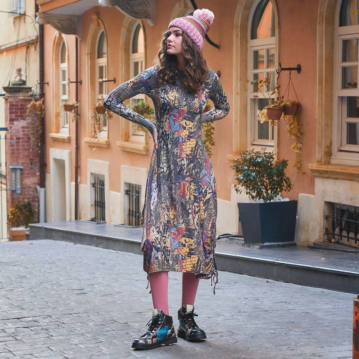 Los Banditos - Wholesale Dress - Women's - Boat Neck Thumb Hole Side Strings Brown Pattern Boho Dress6