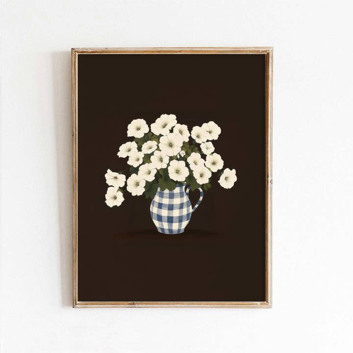White Petunias In Checkered Vase Art Print for wholesale by Paper House Print Shop