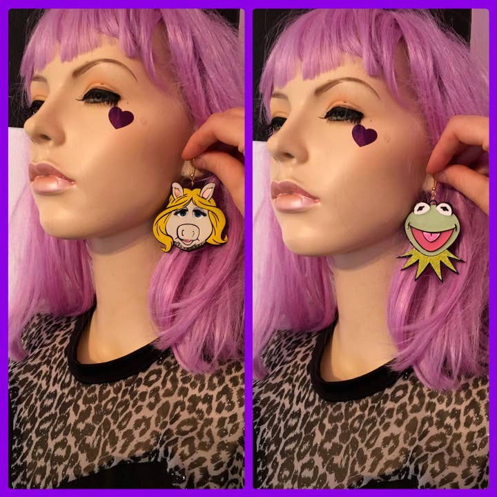 I'm Your Present - Wholesale Dangle Earrings - Miss Piggy And Kermit Laser Cut Earrings