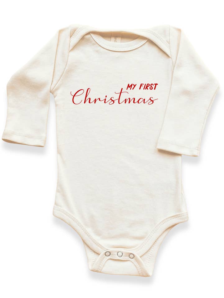 My First Christmas Organic Baby Bodysuit Long Sleeve for wholesale by Tenth & Pine