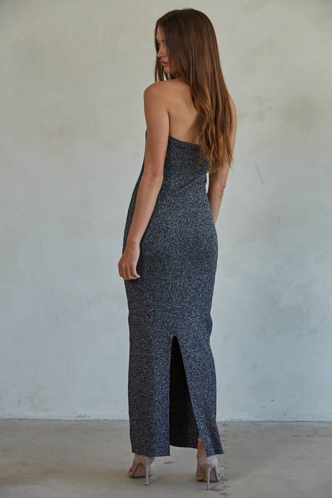 Negro Plata W1725 | Jersey de punto, viscosa, nailon, lúrex, maxi sin tirantes de venta al por mayor en Faire2