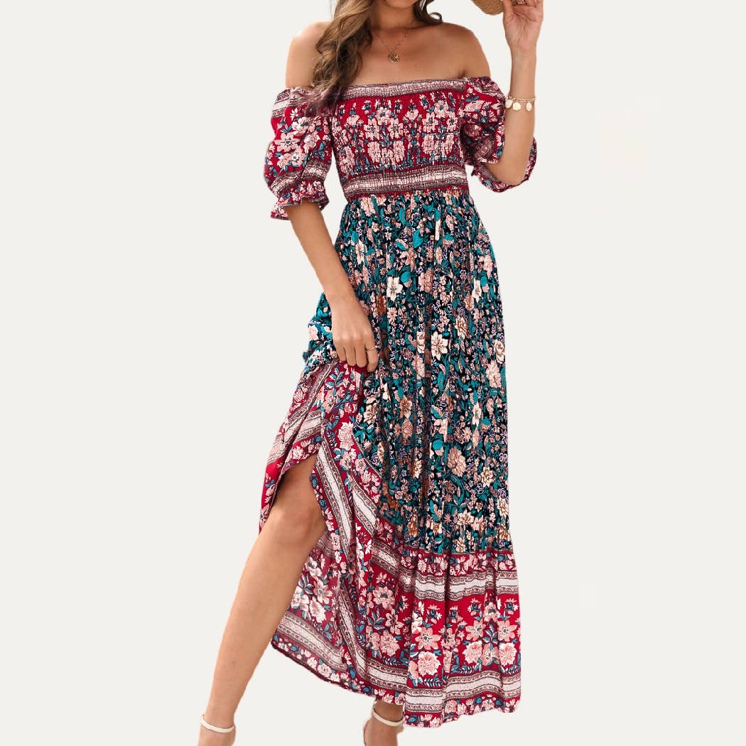 The Moment Collection - Wholesale Jurk - Dames - Boheemse maxi-jurk met bloemenprint en korte mouwen1