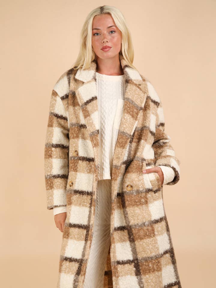 VERY J - Wholesale Coat - Women's - NJ90324X-PLUS SIZE Plaid Soft Fuzzy Button Down Long Coat