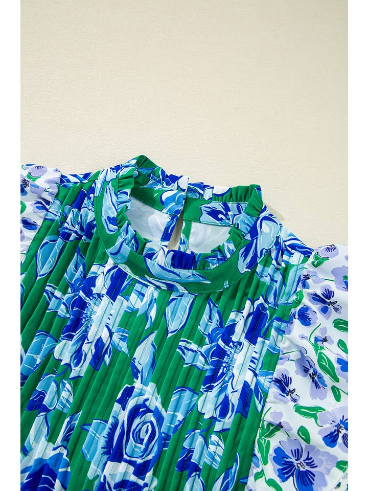 Green Floral Lace Trim Ruffle Sleeve Pleated Loose Blouse (S-XL) for wholesale on Faire