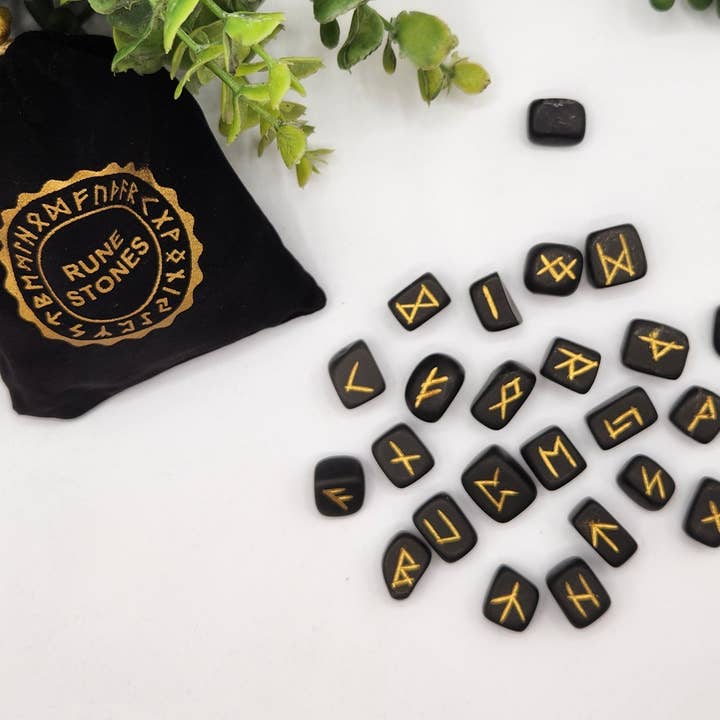 Meraki Gemstones - Wholesale Spiritual Stone/Crystal - Shungite Semi-Precious Gemstone Rune Sets with Velvet Pouch