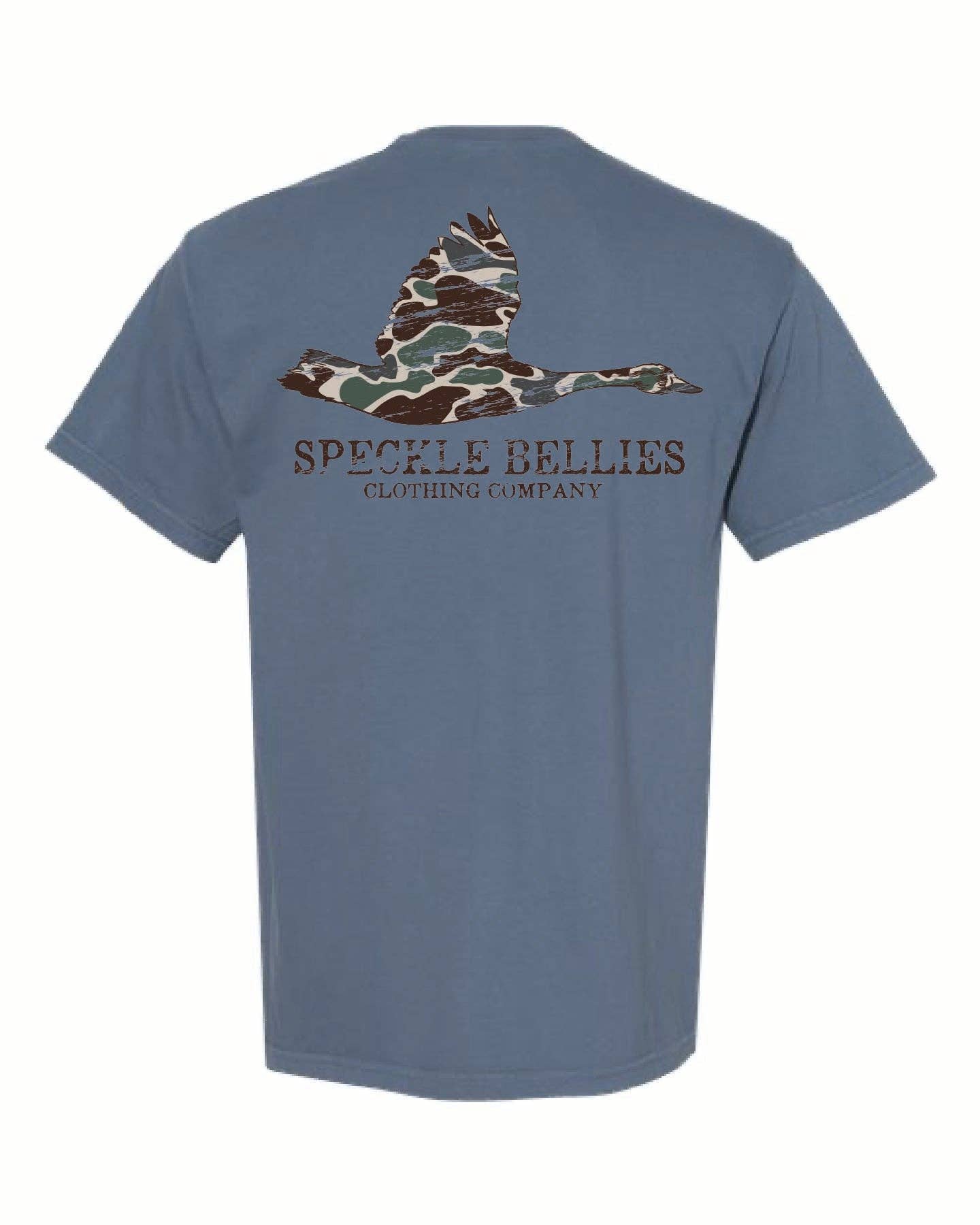 Speckle Bellies Clothing Company - Wholesale Screen Printed T-Shirt - Unisex - Camo Goose  Pocket Tee0