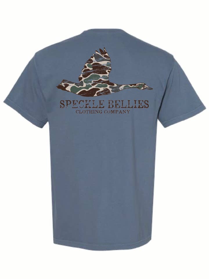 Speckle Bellies Clothing Company - Wholesale Screen Printed T-Shirt - Unisex - Camo Goose Pocket Tee