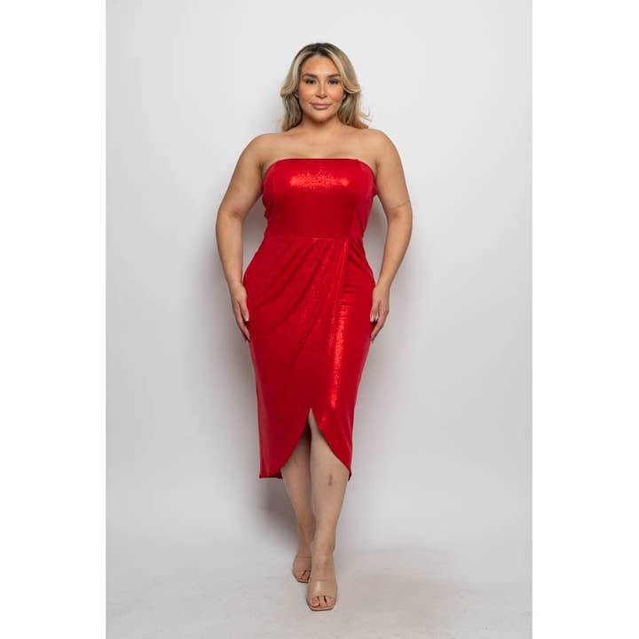 MIDI-TUBE-JURK MET RUCHES AAN DE ZIJKANT VAN METAALFOLIE IN GROTE MATEN voor wholesale door Curve Market