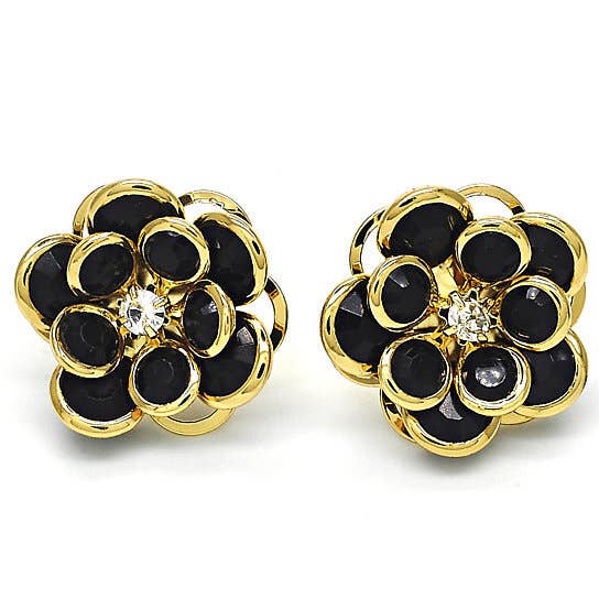 Gold Plated Black Hibiscus Crystal Stud Earring for wholesale by FASHIONISTAAA