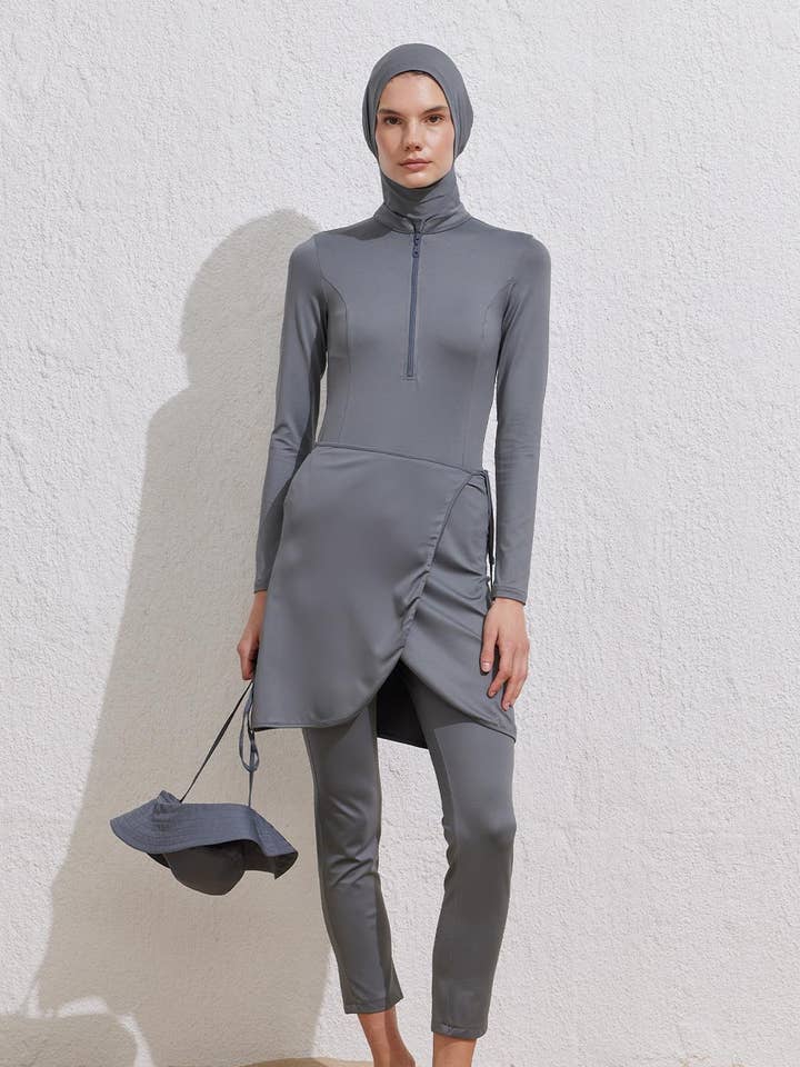 Fato de Banho de Manga Comprida Cinzento por atacado de Kadriye Baştürk