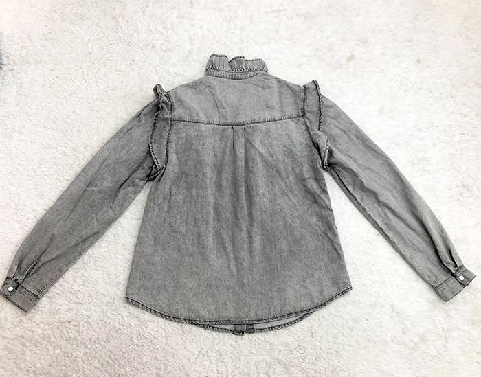 Grey TOPW610 Ruffle Button Closure Denim Blouse Top Women for wholesale on Faire7