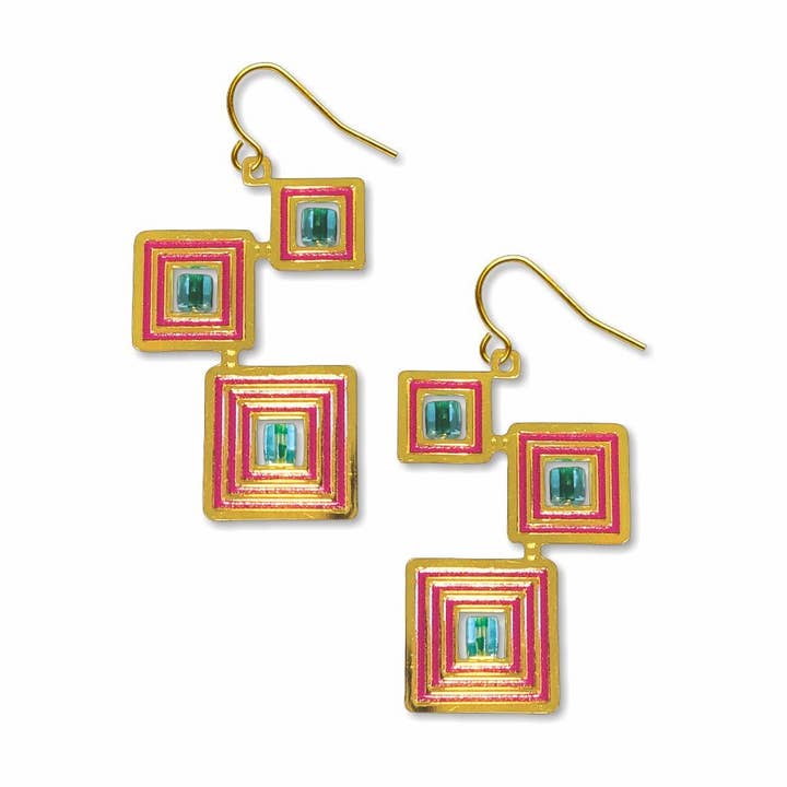 Klimt Der Kuss Quadrate Aqua Ohrring, HERGESTELLT in den USA für den Großhandel von David Howell and Company