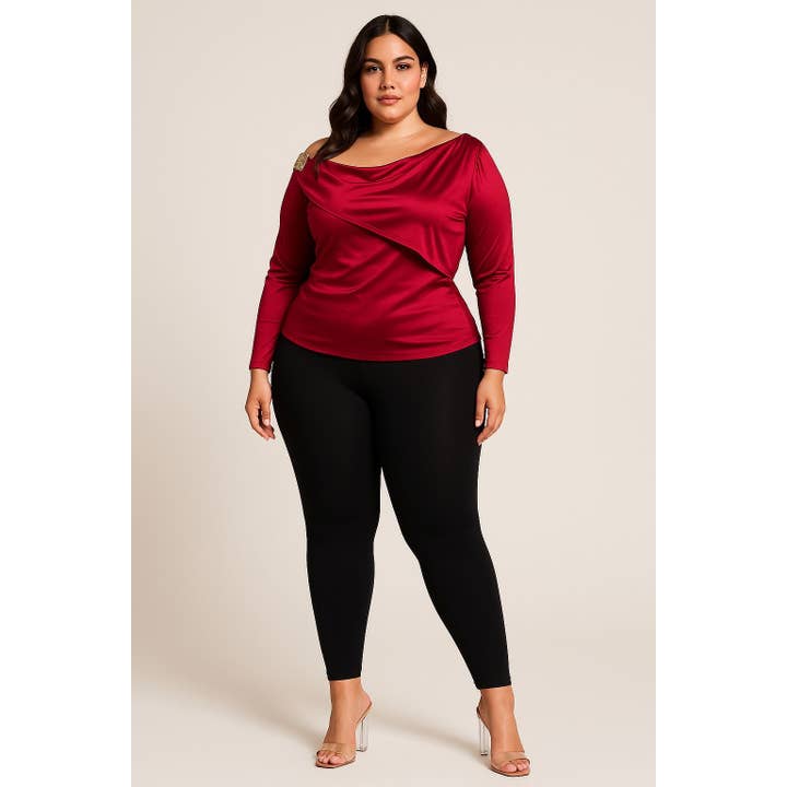 PLUS SIZE LONG SLEEVE OFF SHOULDER GOLD HARDWEAR DETAIL TOP for wholesale by Curve Market