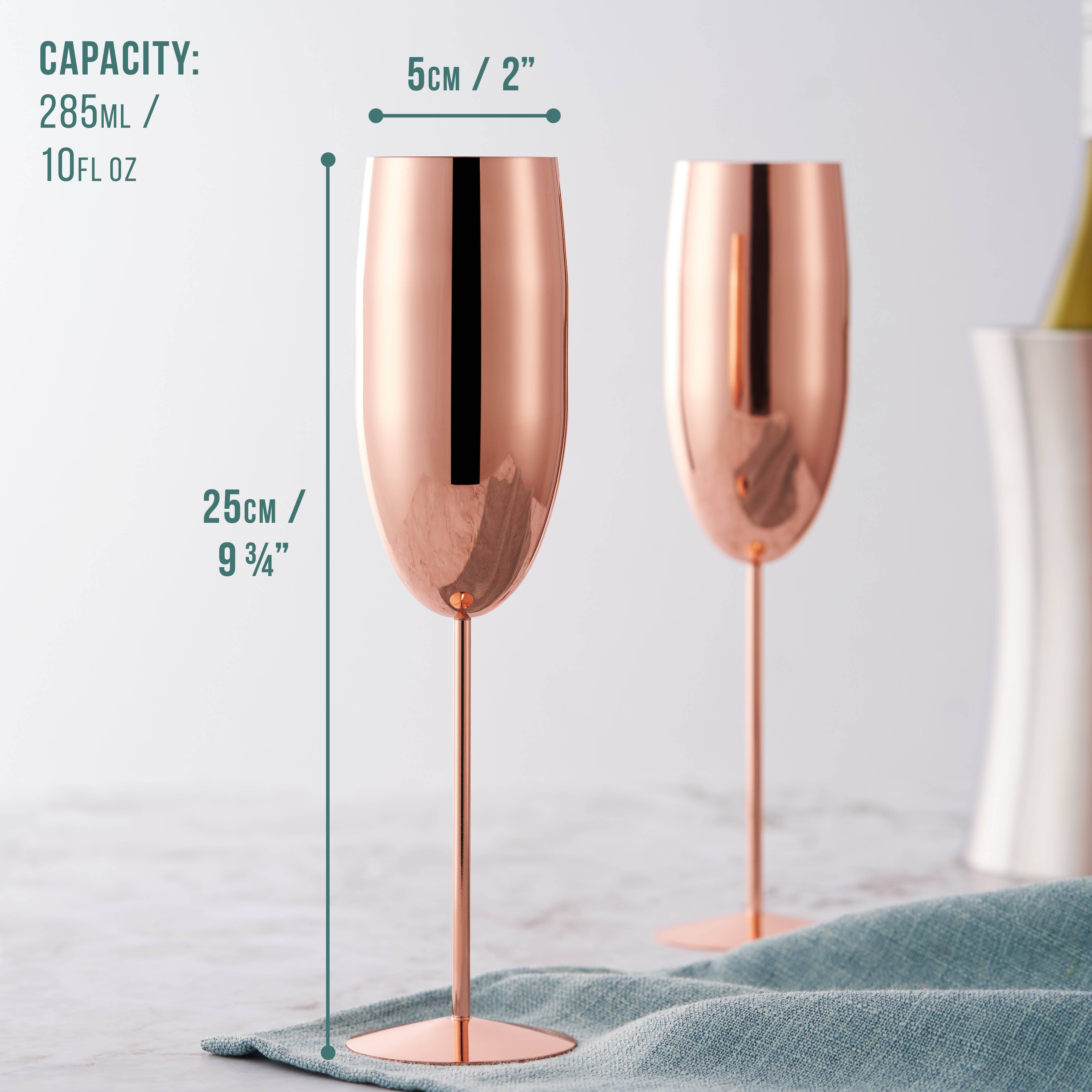 Oak & Steel - Wholesale Champagne Flute - 2 Stainless Steel Rose Gold Champagne Flutes (280ml)2