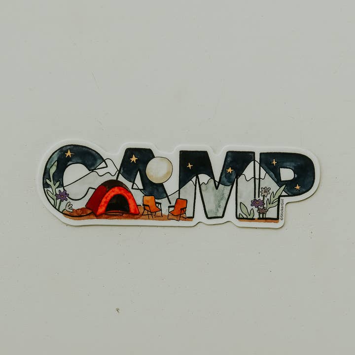 Camp Night Mountain Vinyl Sticker for wholesale by Sticker Girl