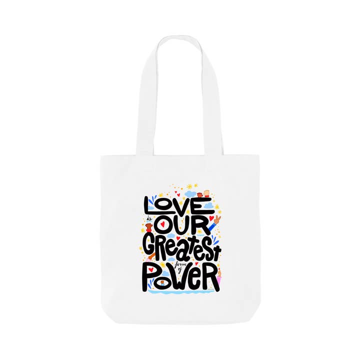"Love is Power" 100% Organic Cotton Grocery Tote Bag (Black Text) for wholesale by UpRoot Design Studio