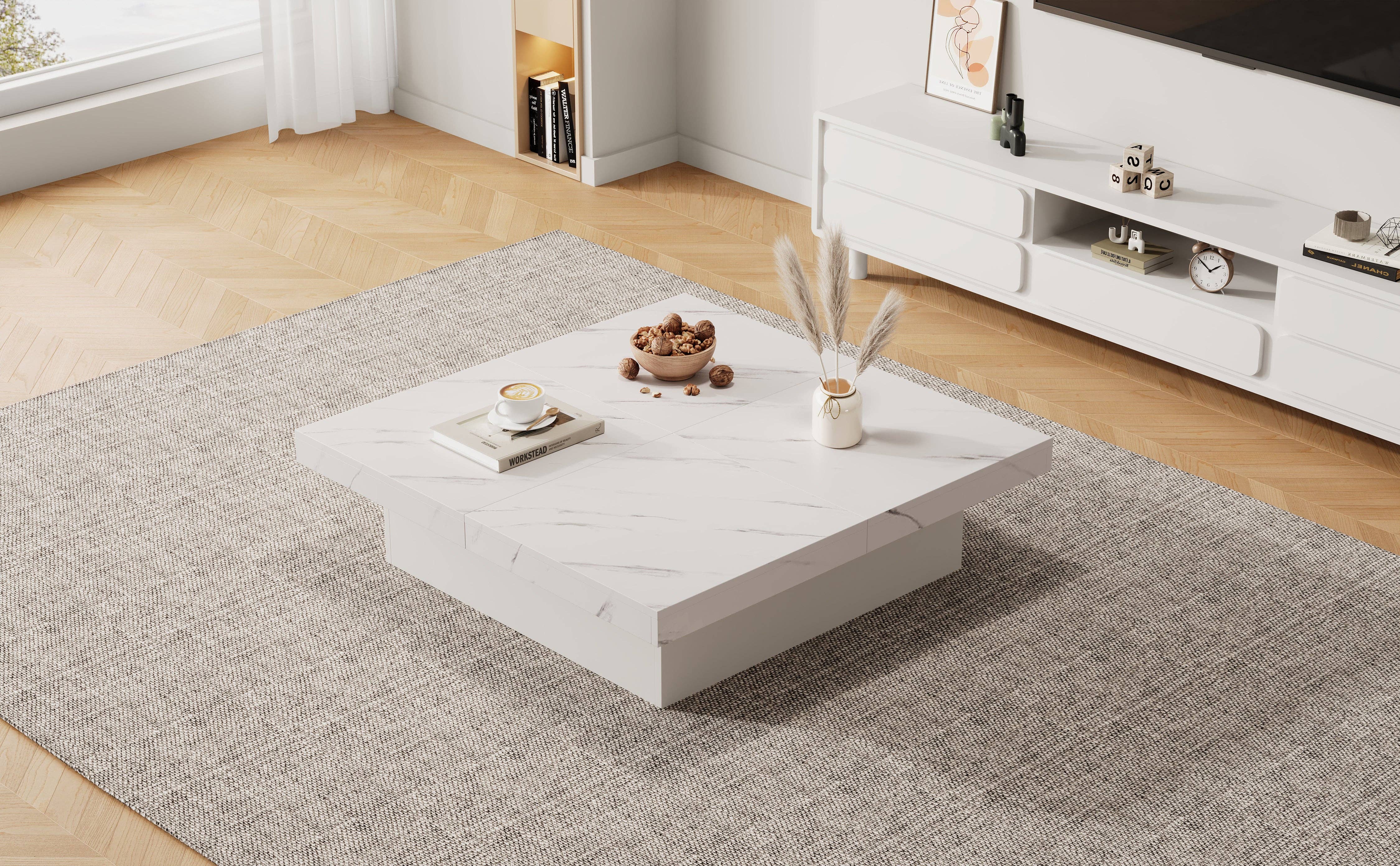 Urban Meuble - Wholesale Side Table - Modern white square coffee table with marble effect, 4 drawers, sliding top 90x90x25cm KHEKRIED4