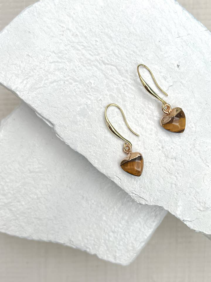 Tiger's Eye Small Heart Gold Plated Gemstone Earrings for wholesale by Roc Jewellery