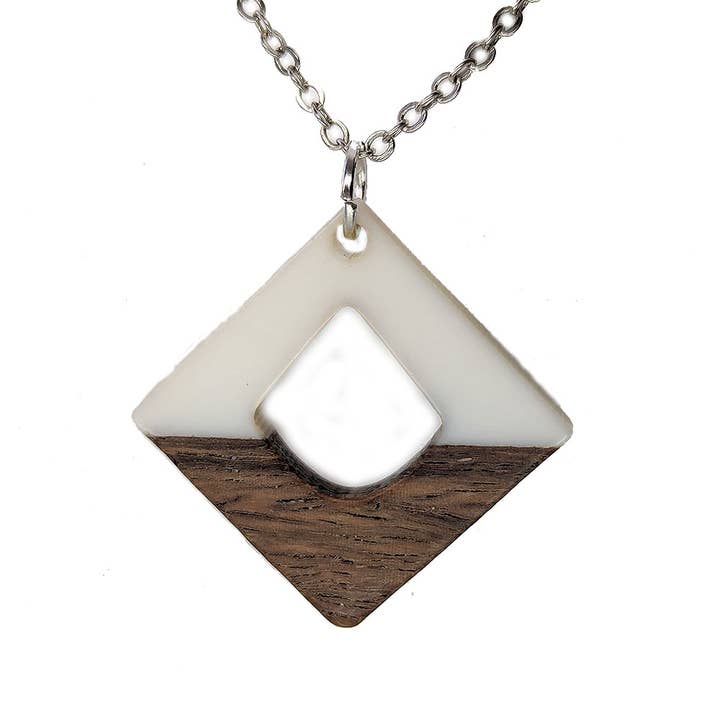White Resin Wood Hollow Diamond Necklace for wholesale by Stylish Jewelry Supply