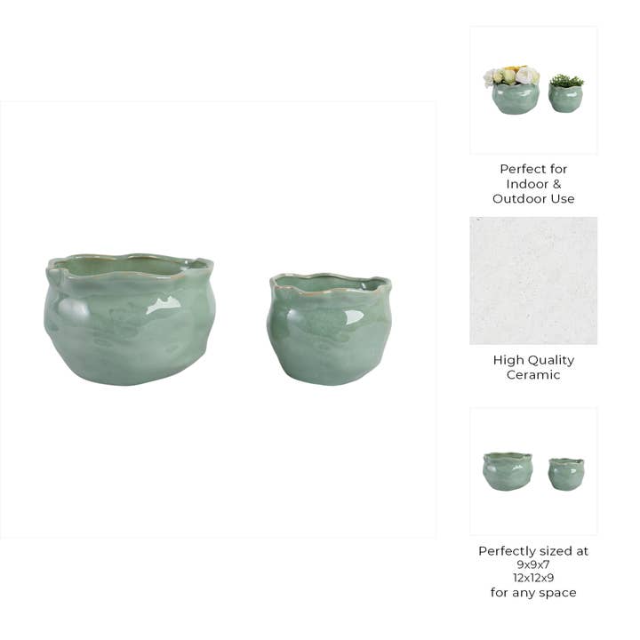 Sagebrook Home - Wholesale Plant Pot - 9/12 in. Sage Green Wavy Edge Round Planters (Set of 2)