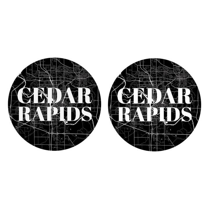 Minimalistic B&W Iowa Cedar Rapids Map| Absorbent Car Coasters | Set of 2 | Min 4 for wholesale by Love Local