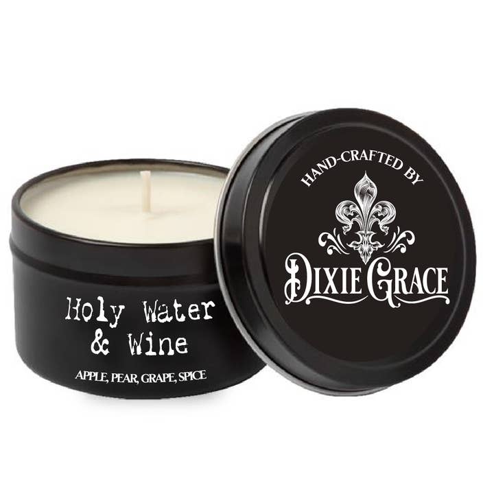 Dixie Grace - Wholesale Travel Candles - Holy Water & Wine - 8 oz Candle Tin - Cotton Wick
