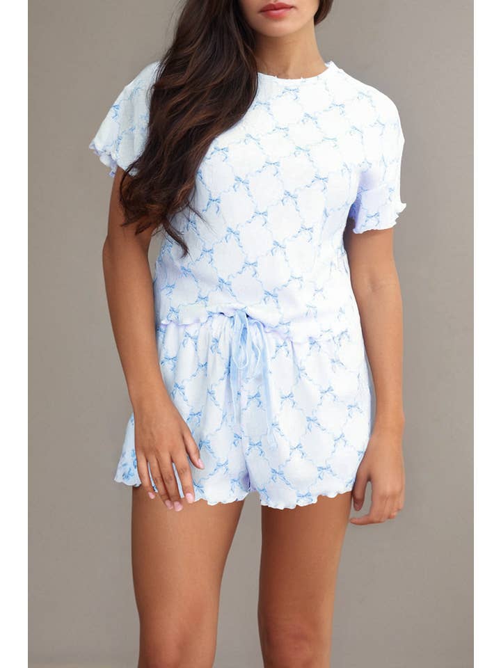 LA Society - Wholesale Lounge Set - Women's - Bow Knot Geometric Print Lettuce Trim Two Piece Lounge Set