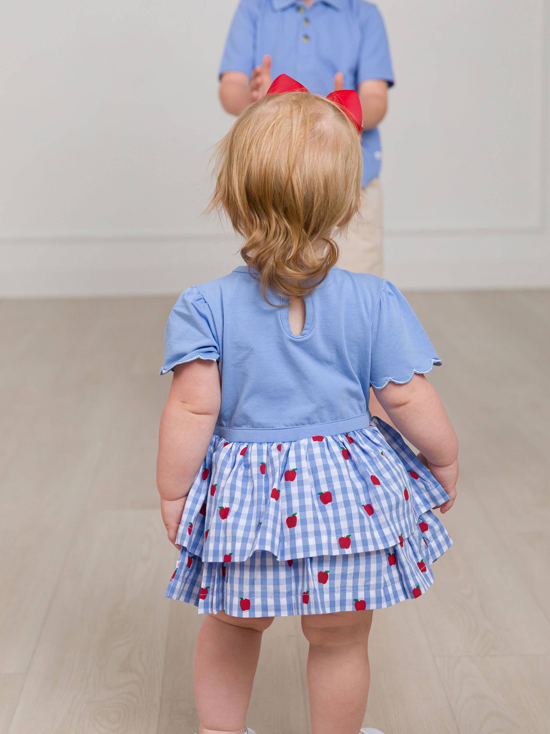 Blue Baby Girls Apple Orchard Classic Gingham Short Sleeve Skirted Romper for wholesale on Faire7