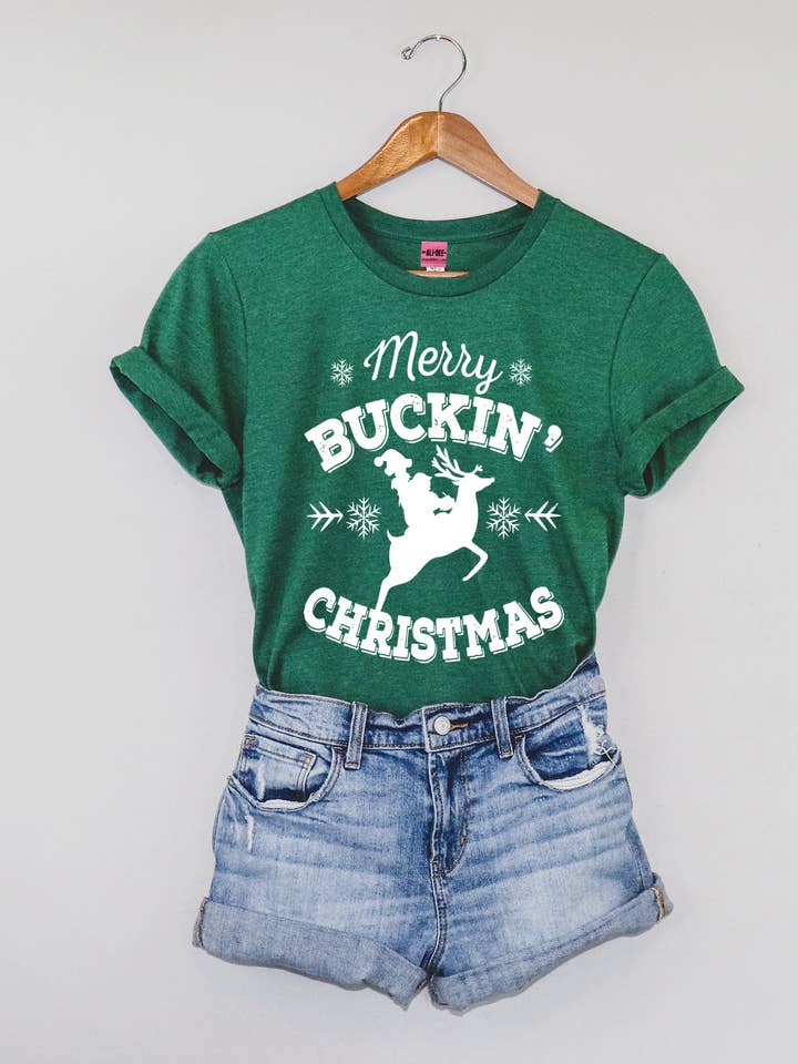 Ali Dee - Wholesale Screen Printed T-Shirt - Women's - Merry Buckin Christmas Graphic Tee - Heather Green0