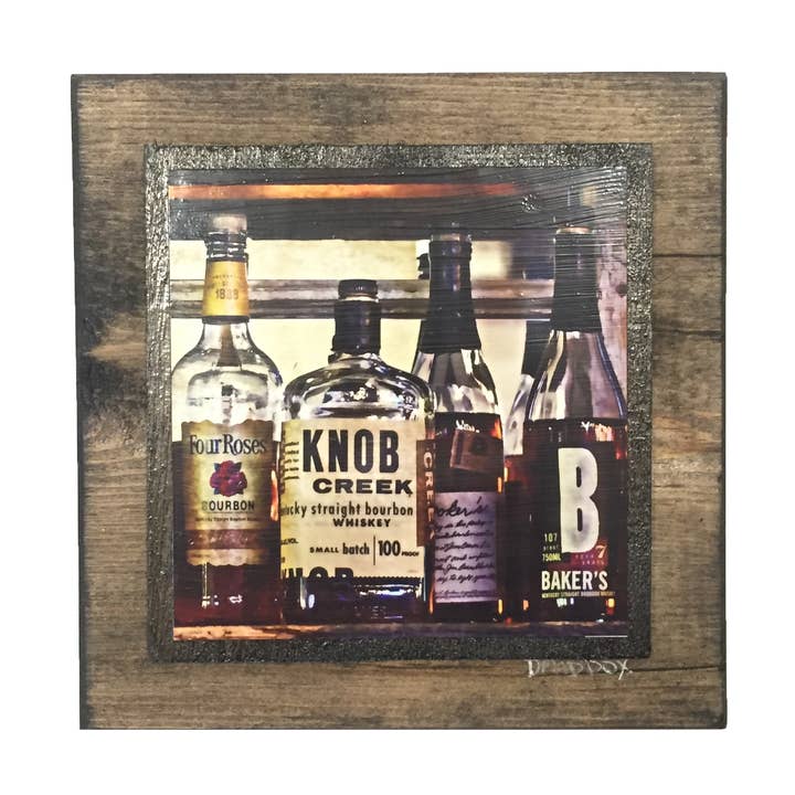 Bourbon Bottles in Butchertown 1 Wooden Square Art for wholesale by Layne Wilson